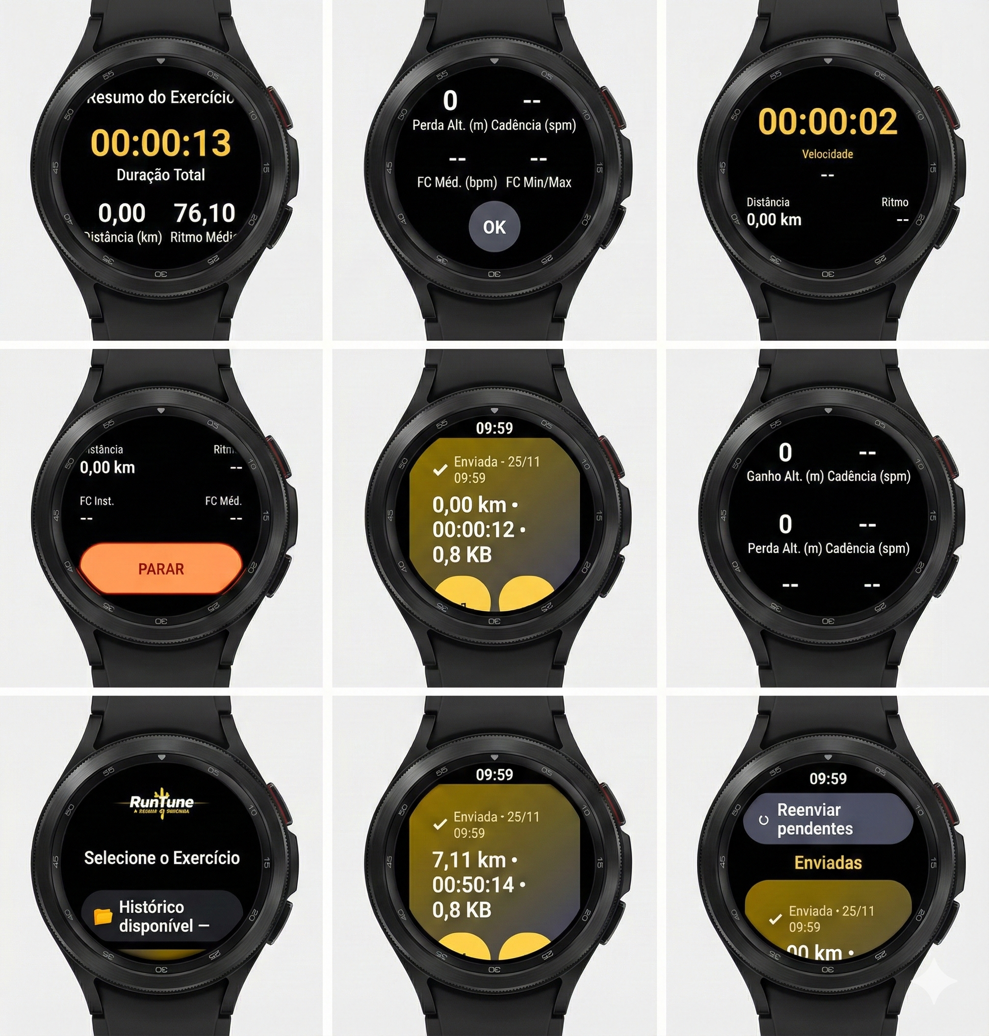 Telas de exercício e sincronização no relógio